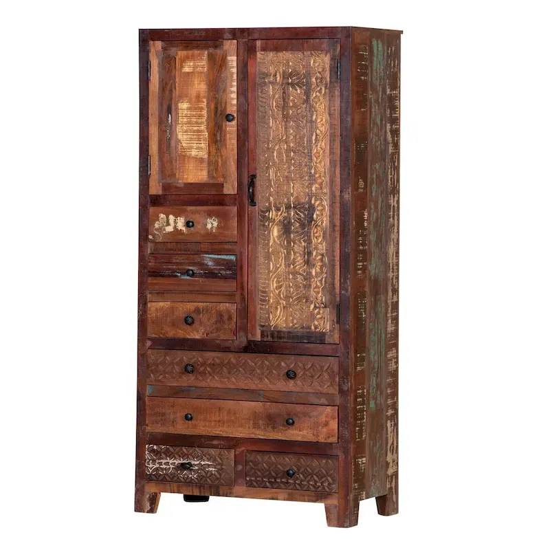Antique White / Brown Solid Wood Armoire with 7 Drawers & 2 Doors