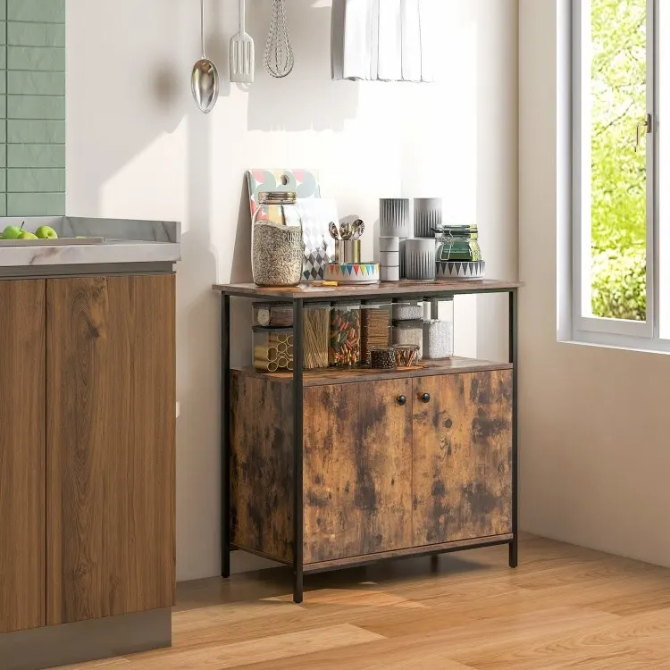 2-Door Buffet Cabinet with Shelves and Cable Management Holes-Rustic Brown - 31.5 x 16 x 31.5 (L x W x H)