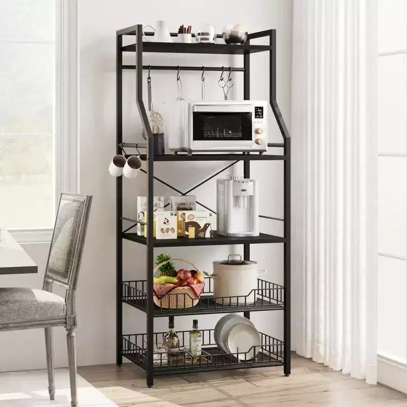 Freestanding Kitchen Bakers Rack, 5 Tier Microwave Stand with Wire Basket & Adjustable Feet, 50.7'' Tall Industrial Coffee Bar Statio