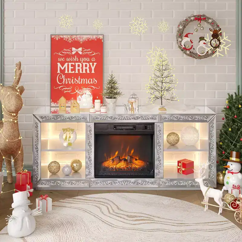 56in Diamond Mirror Fireplace TV Stand Fit Up To 70in TV with 18in Fireplace