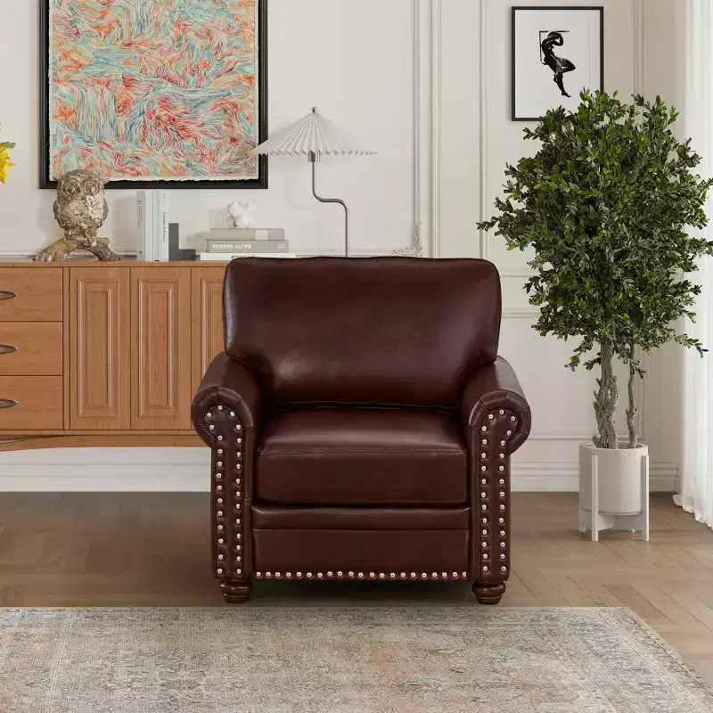 MAYEERTY Comfortable High-Elastic Sponge Chair Sofa with PU Leather Silver Nail Solid $ Metal Frame for Living Room Burgundy