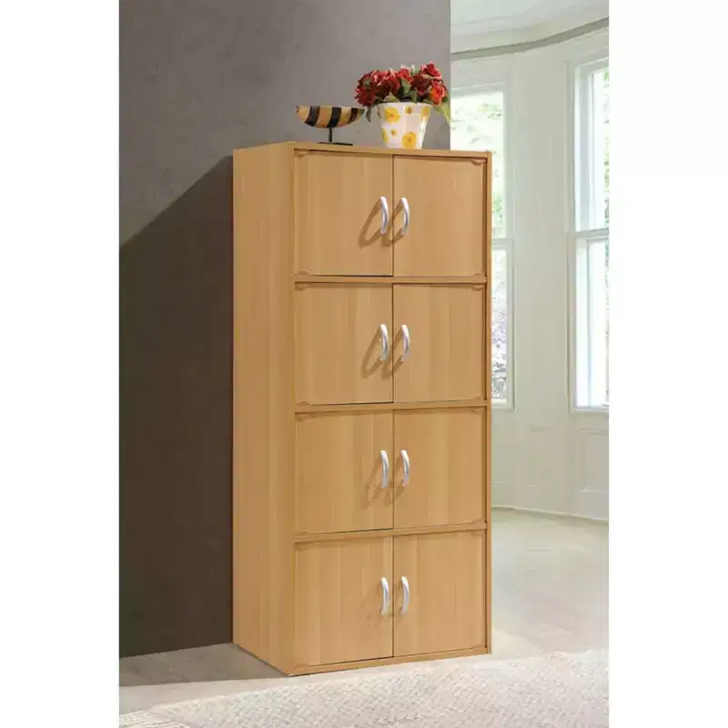 Hodedah HID44 Heavy Duty 8 Door Floor Mount Enclosed Multipurpose Storage Bookcase Cabinet for Home and Office, Beech Wood Finish