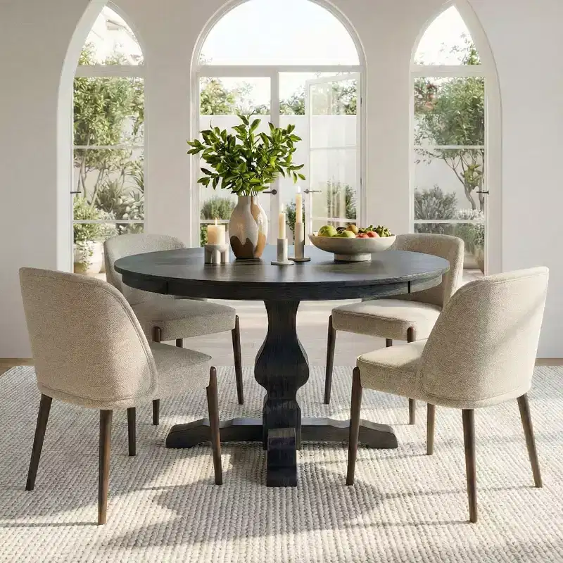 5-Piece Modern Dining Room Set for 4, Charcoal Round Table with 4 Upholstered Dining Chairs with Wood Legs for Dining Room or Farmhouse-Panipeachy