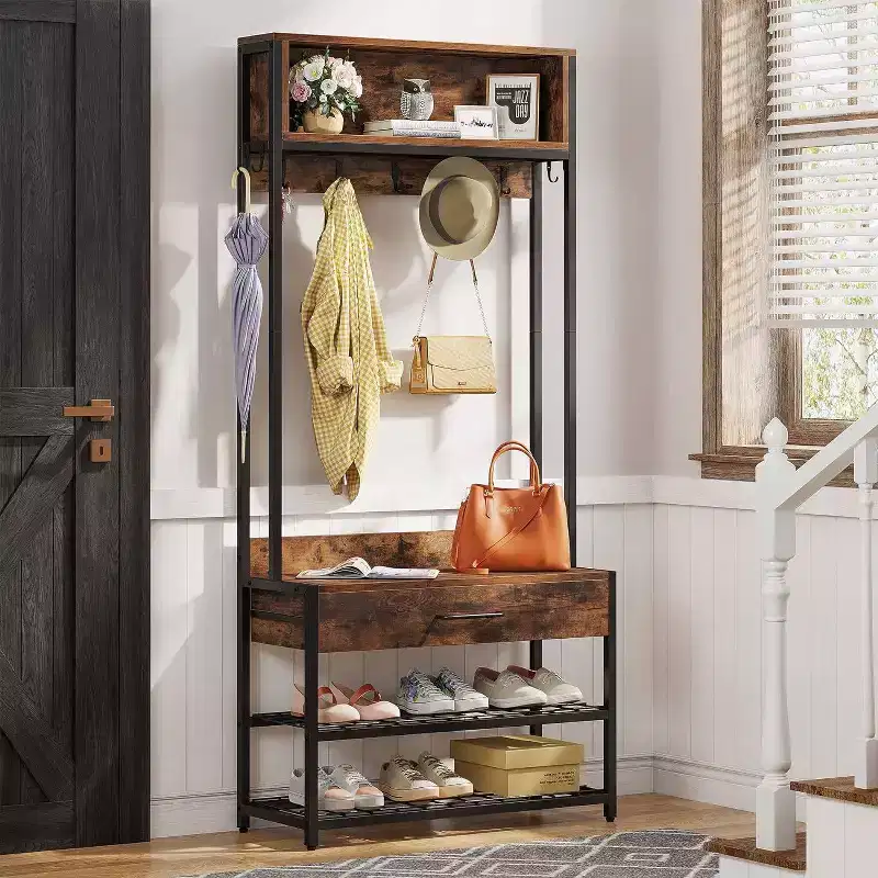 LITTLE TREE Entryway Hall Tree Industrial Coat Rack Rustic Brown