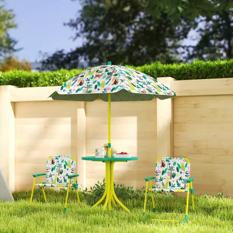 Qaba Kids Picnic Table with 2 Folding Chairs and Umbrella, Jungle Theme Portable Children Outdoor Furniture for Backyard, Garden, Patio, Green