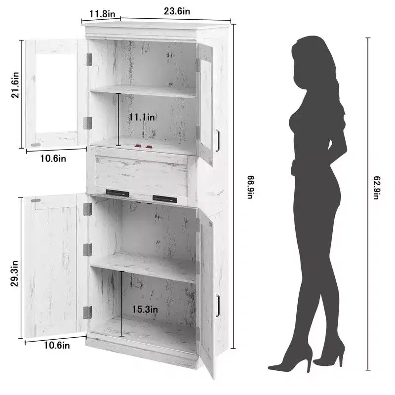Coolmee 67 inch Tall Bathroom Cabinet with 4 Doors & Flip Glass Drawer, Storage Cabinet with Adjustable Shelves, Freestanding Organizer for Home