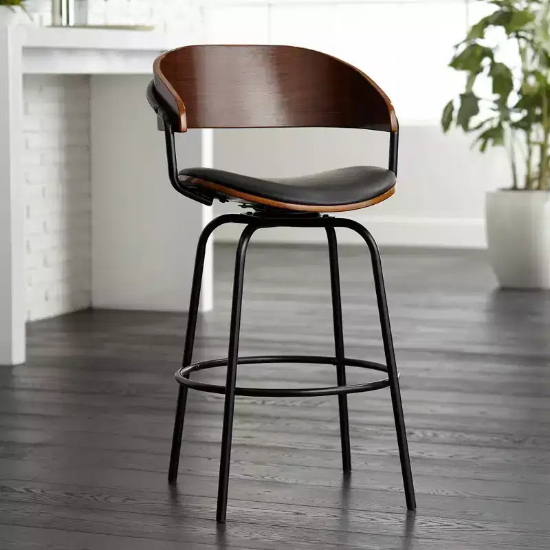Elm Lane Larsen Black Swivel Bar Stool 26 High Mid Century Modern Faux Leather Cushion with Walnut Backrest Footrest for Kitchen Counter Height Home