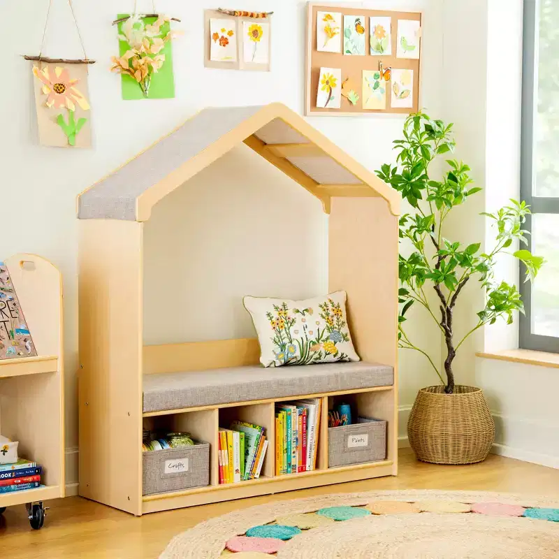 Kids' Reading Nook - Children's Bookshelf Storage Bench with Cubbies and Bins