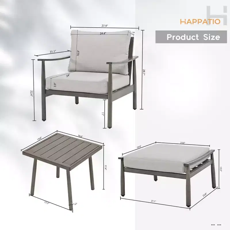 HAPPATIO Aluminum Outdoor Furniture Set,5 Pieces Patio Furniture Set, 1 Side Table, 2 Armchairs and 2 Ottomans with Cushion for Yard Deck Poolside
