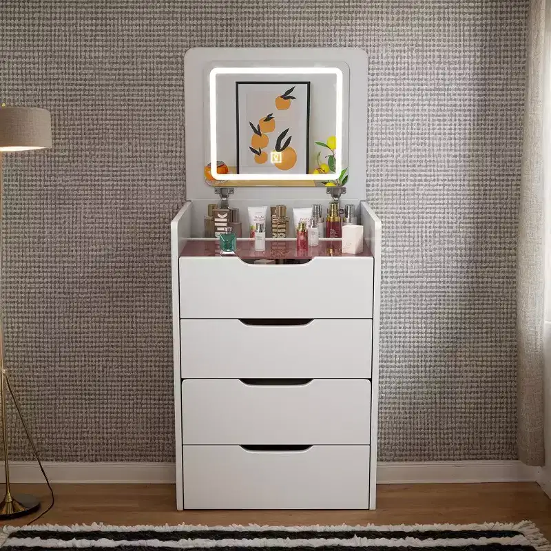 Vanity Table with Flip Top Mirror, Compact Vanity with Visible Glass Desktop and Cushioned Tool, Vanity Desk for Bedroom