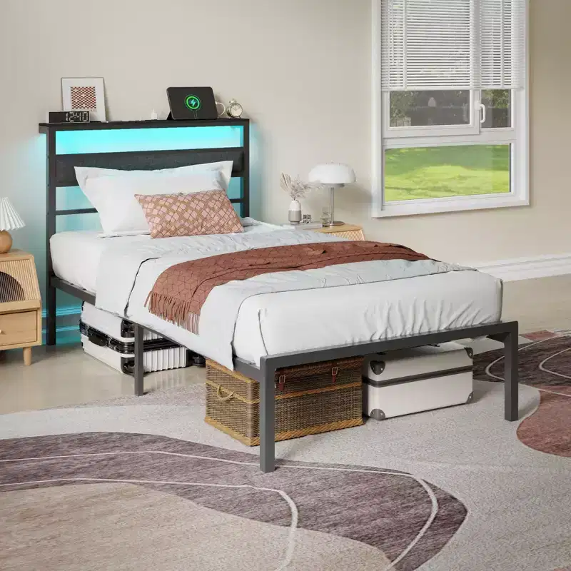 Twin Size Kids Platform Bed Frame with Upholstered Storage Headboard RGB LED Lights Built In Charging Station USB Ports No Box Spring Needed Metal Bed