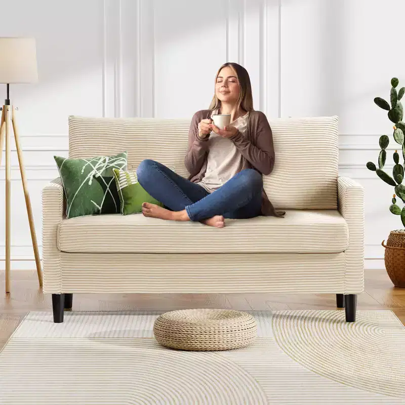 Dyonery 50 Beige Corduroy Loveseat Sofa with Solid Wood Frame for Living Room Small Comfy Loveseat with Deep Seat Spring Cushion, Tool-Free Assembly