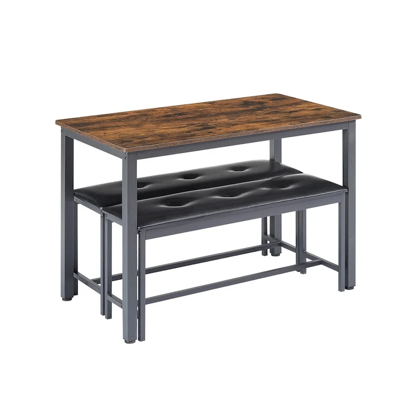 3-Piece Dining Table Set, Rectangular Dining Table with 2 Benches, Rustic Brown and Black