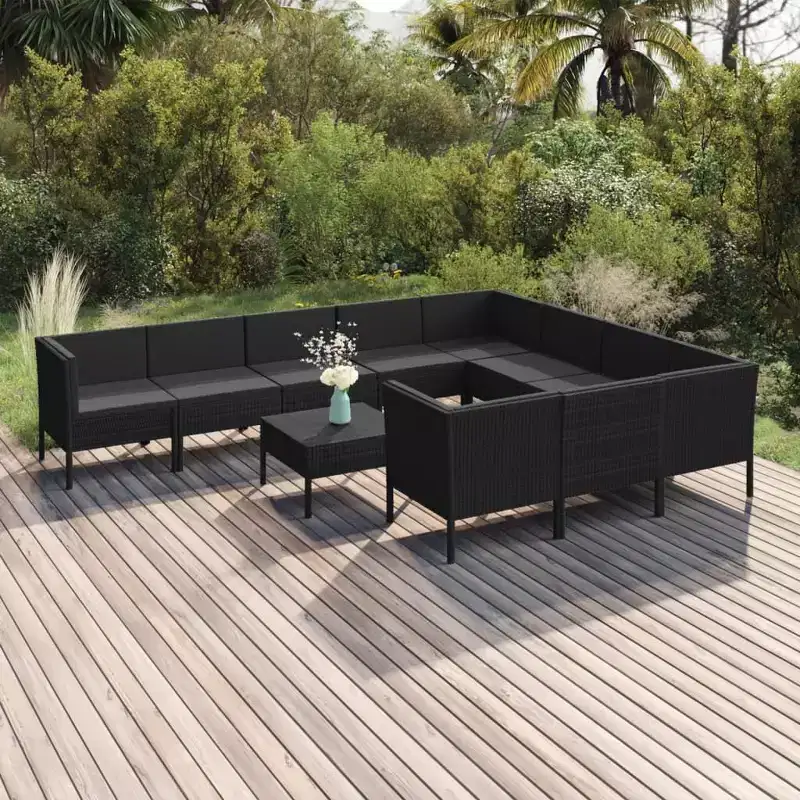 vidaXL Patio Lounge Set - 11 Piece Outdoor Furniture Set with Cushions, Poly Rattan & Powder-Coated Steel, Black