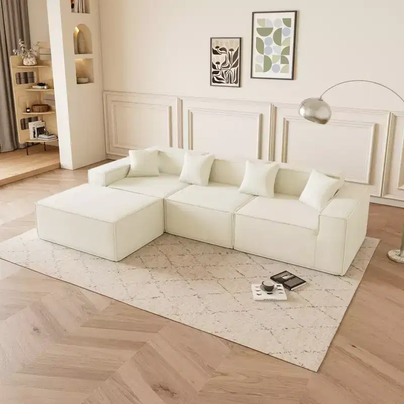 GDFStudio Nira Modern 109'' 3-Seater Reversible Boneless Corduroy Upholstered Sectional Sofa with Ottoman and 4 Pillows