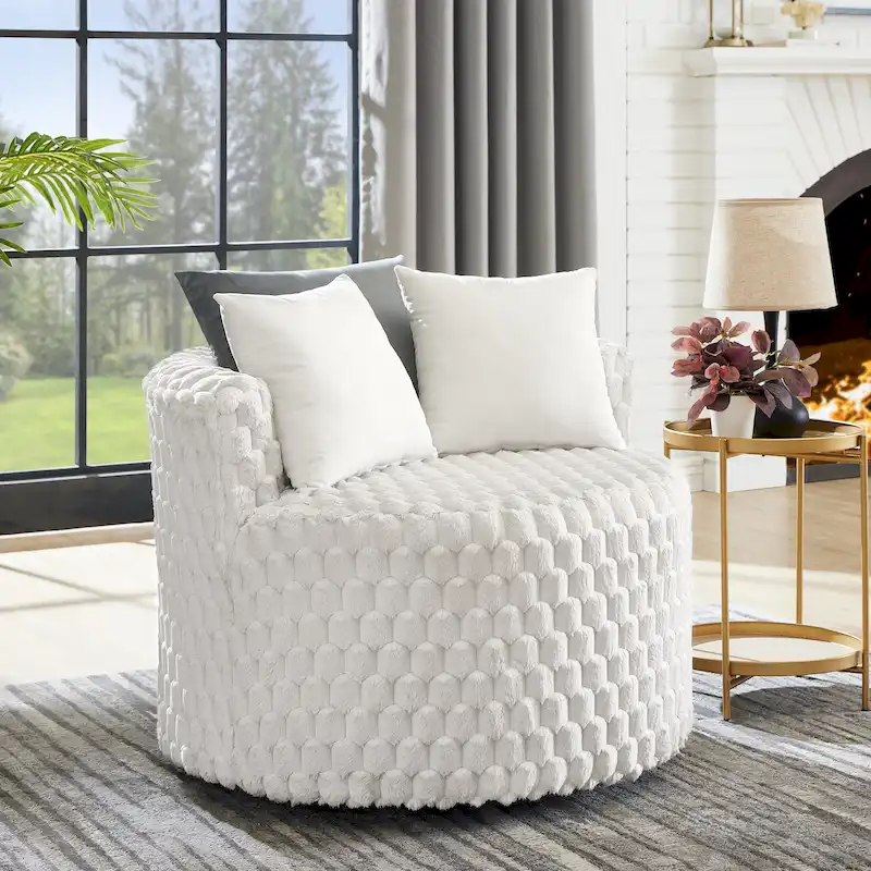 Off White 3D Upholstered Barrel Accent Chair with Wheels