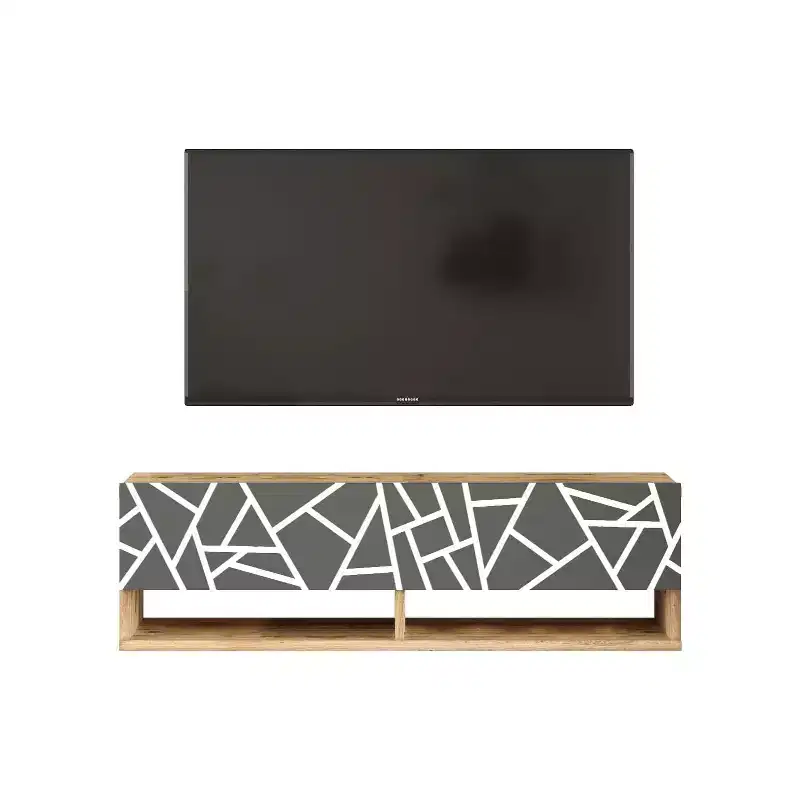 HomeStock Future TV Unit Pine-Anthracite UV Print 40 inches Floating Entertainment Center Console with Storage Shelves & Doors
