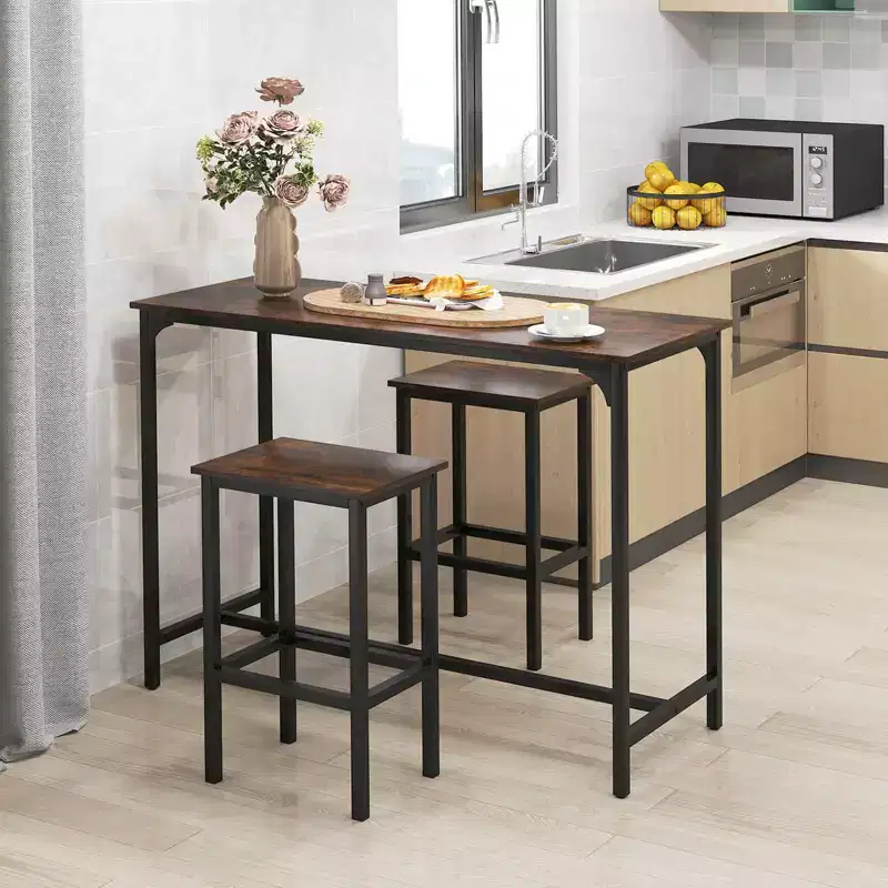 Costway 3 PCS Counter Height Table Set with Footrests Rectangular Pub Table & Chairs Brown/Gray/Black