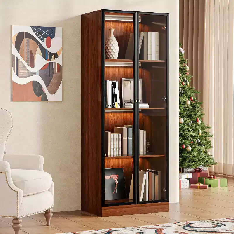 ATJafurn Brown 23.6''4-Tier China Display Cabinet, Mid Century Modern Wooden China Storage Hutch Dining Shelf with Glass Door for Home & Office