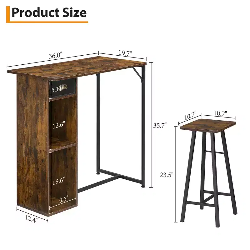 Fulvari 3 Piece Bar Table Set for 2, Small Kitchen Dining Table with 2 Stools, Counter Height Bar Table and Chair Set with Storage Drawer