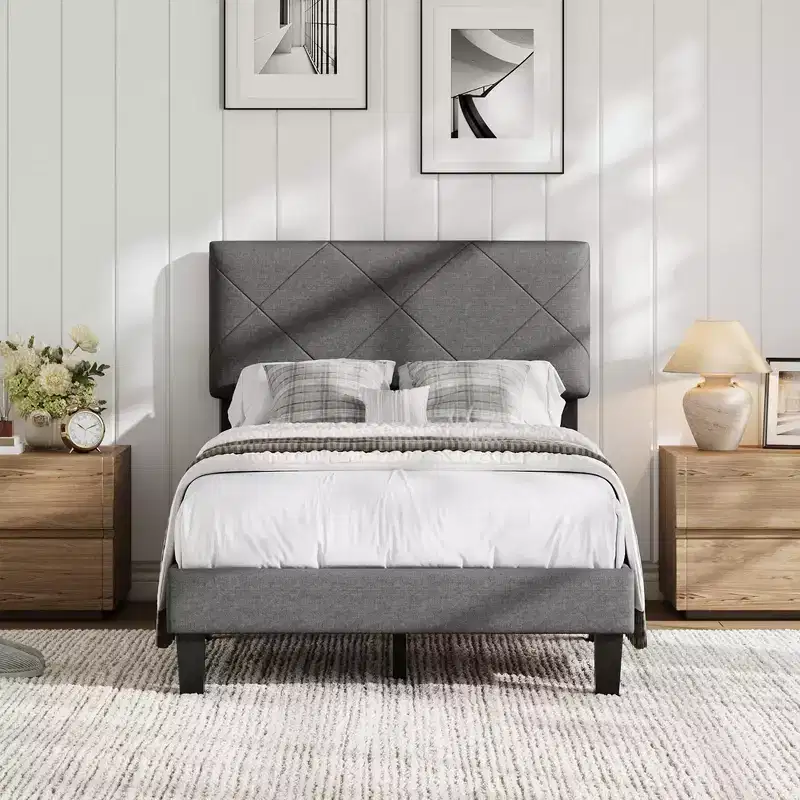 GustoWave Twin/Full/Queen/King Size Bed Frame with Upholstered Headboard - Gray Platform Bed with Wooden Slats
