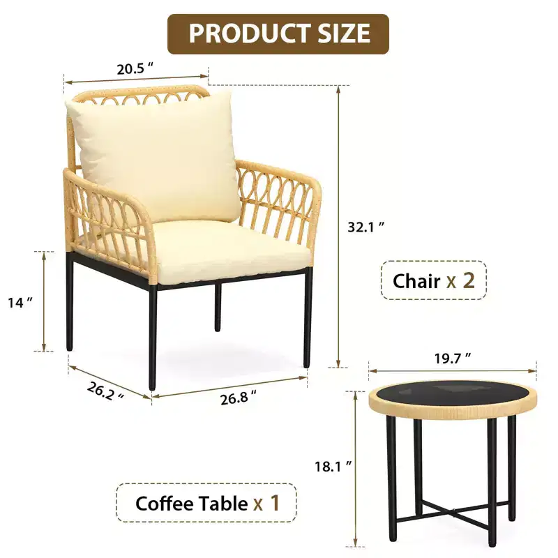 3-Piece Outdoor Patio Bistro Set with Cushions, Resistant PE Wicker, Glass Top Coffee Table, Ideal for Garden, Balcony, Porch, Beige