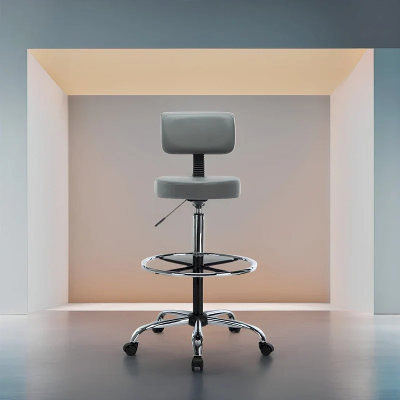 Height Adjustable Drafting Stool - With Premium Leather, Rolling Wheels