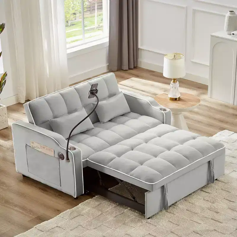 Zeus & Ruta Versatile 3-in-1 Foldable Velvet Sofa Bed with Adjustable Backrest, USB Port, Ashtray & Swivel Phone Stand
