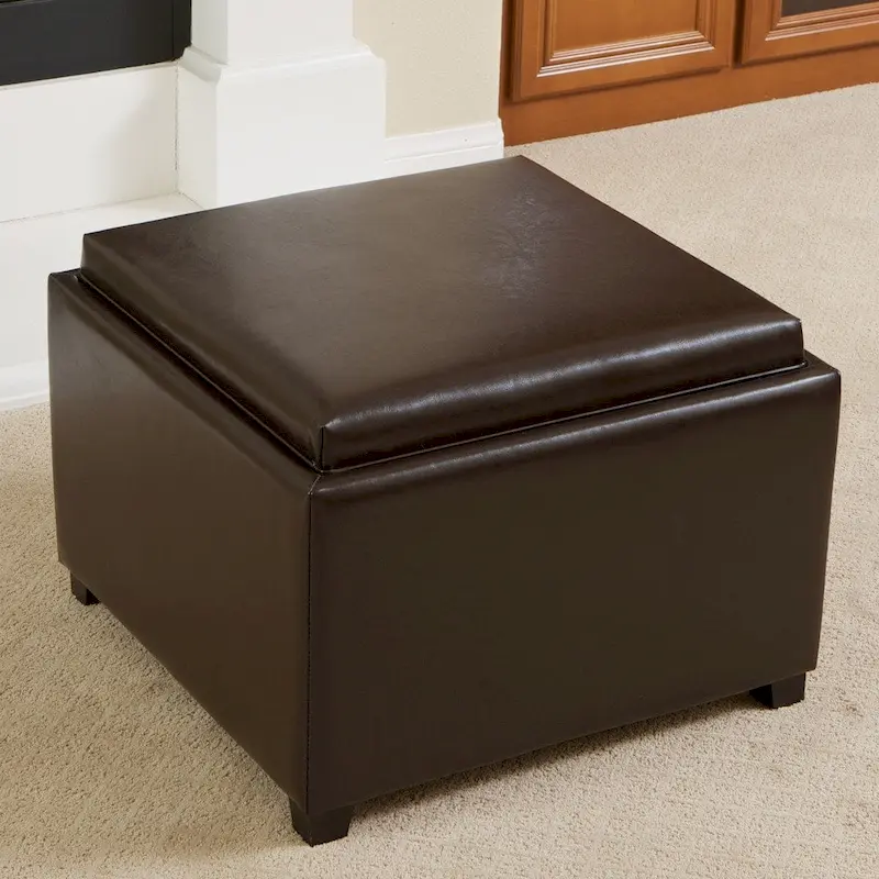 Brown Bonded Leather Tray Top Storage Ottoman