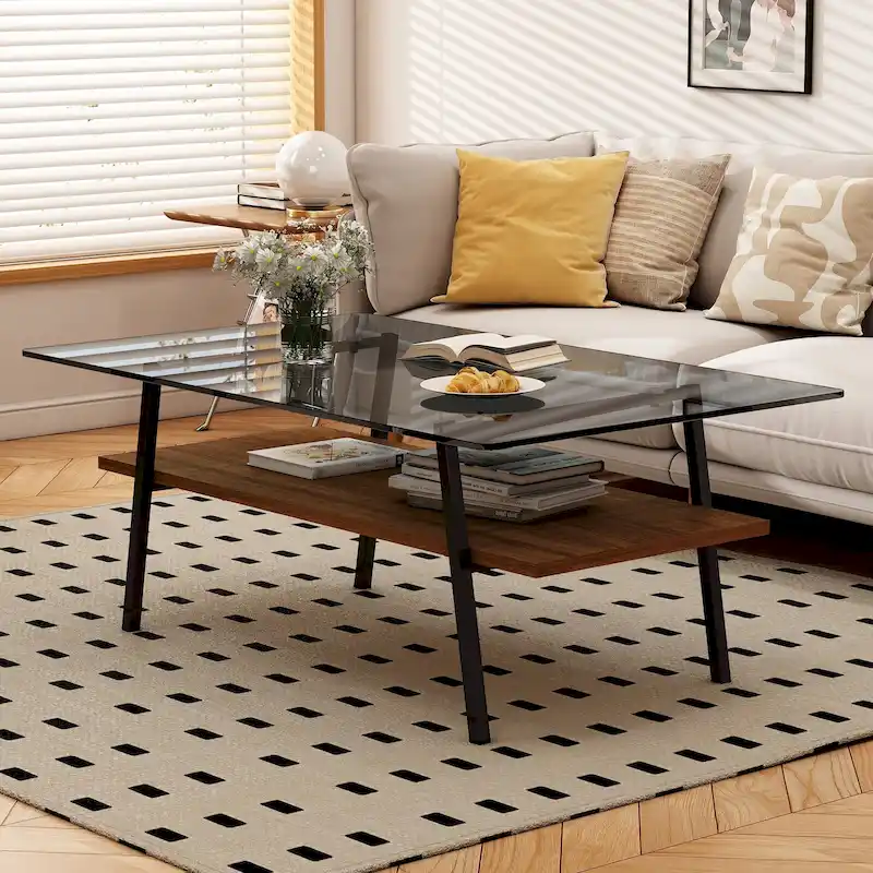 Rectangle Coffee Table,Tempered Glass Tabletop with Metal Legs,Modern Table for Living Room,Glass
