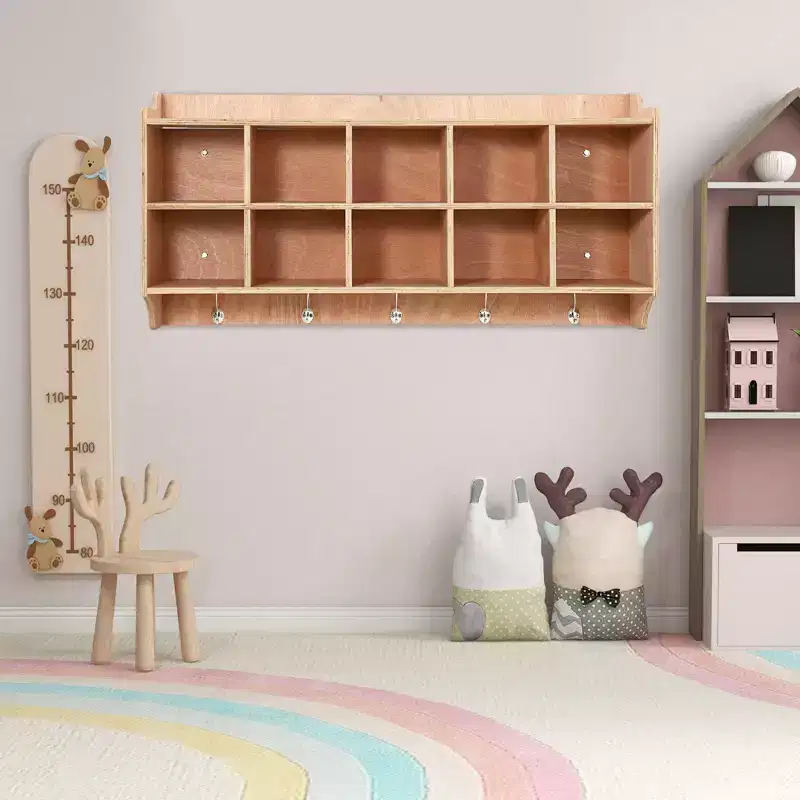 Wall Cubbies Storage Organizer, 10-Cube Shelf with Hooks for Classroom and Daycare