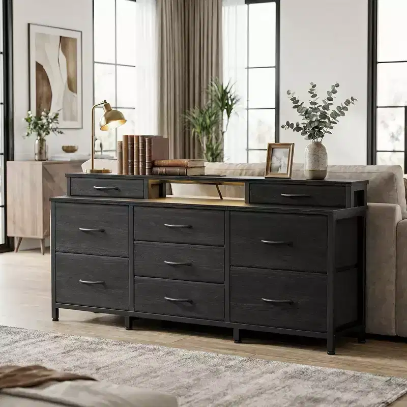 Black LED TV Stand Dresser with Charging Station 9 Fabric Drawers Storage Chest Wide Media Entertainment Center Shelves Bedroom Dorm Organizer