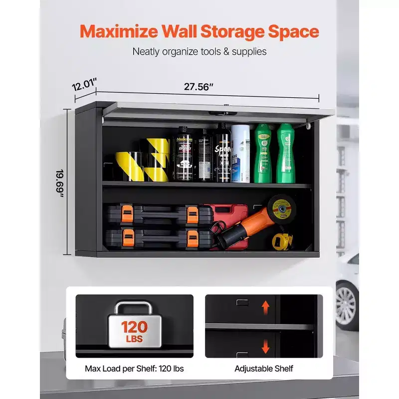 19.7 Metal Wall Cabinet-Up-Flip Door, 240LBS Load,Fit for Garage, Basement, Kitchen, Warehouse Assembly Required