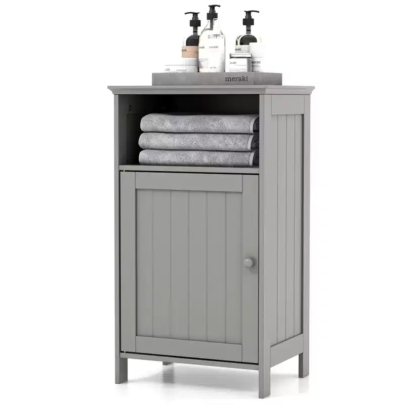 Costway Bathroom Floor Cabinet Single Door Side Cabinet w/ Open Compartment & 3-Position Adjustable Shelf White/Grey