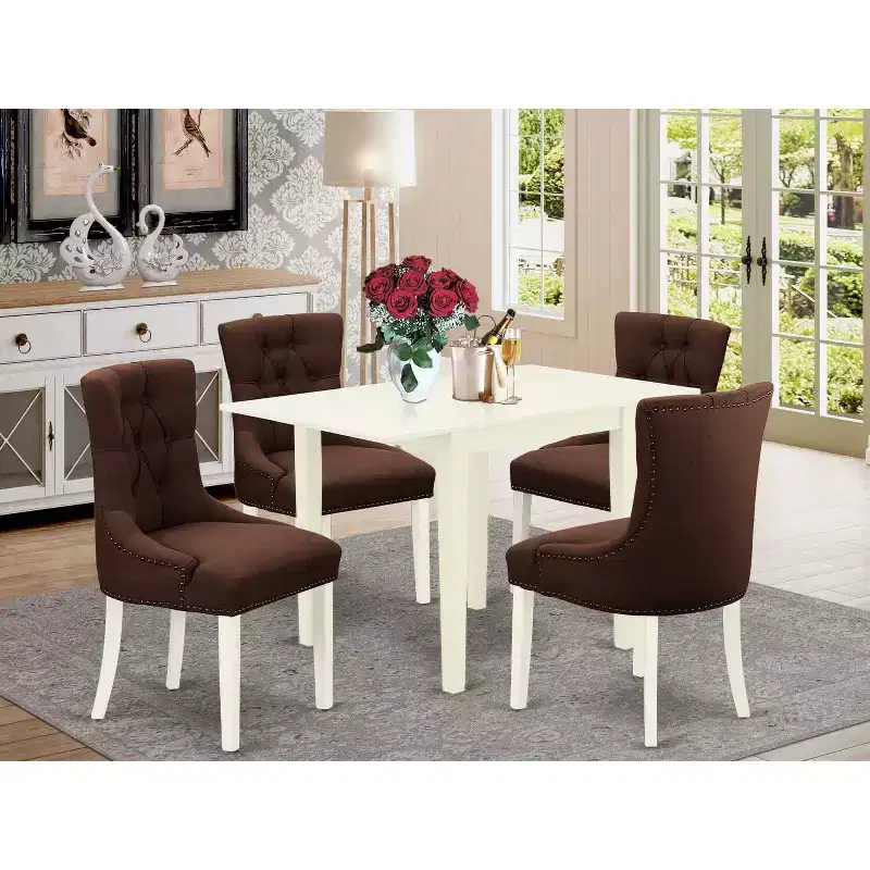 Vintage Dinette Set 5Pcs - Parson Chairs & Table - Linen White Wood - Chocolate Fabric