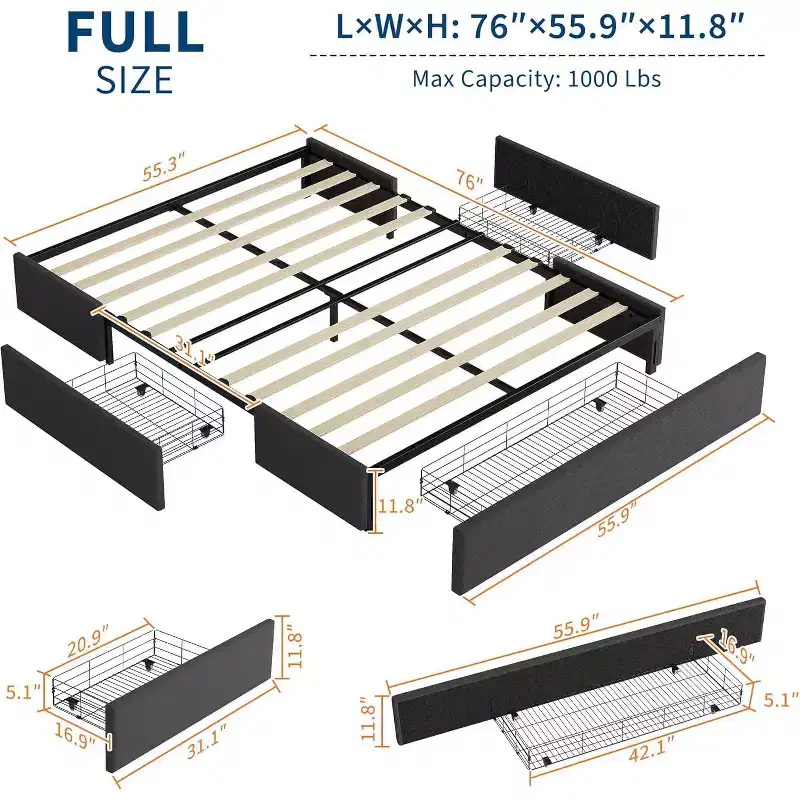 Queen Platform Bed Frame with 3 Storage Drawers  Low Profile, Slatted Base, No Box Spring, Gray