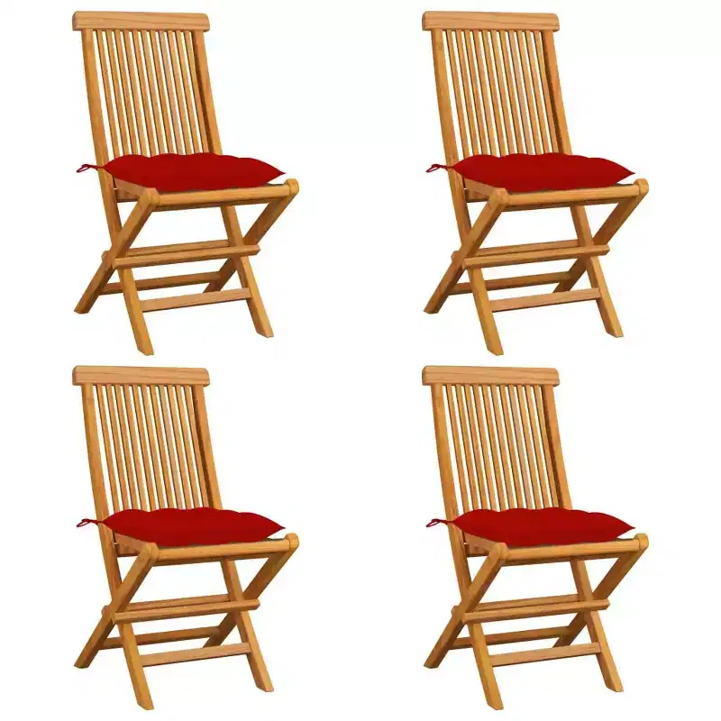 vidaXL Solid Teak Wood Patio Chairs with Red Cushions, Outdoor Garden Furniture, Set of 4, Weather Resistant, Comfort Seating, Foldable and