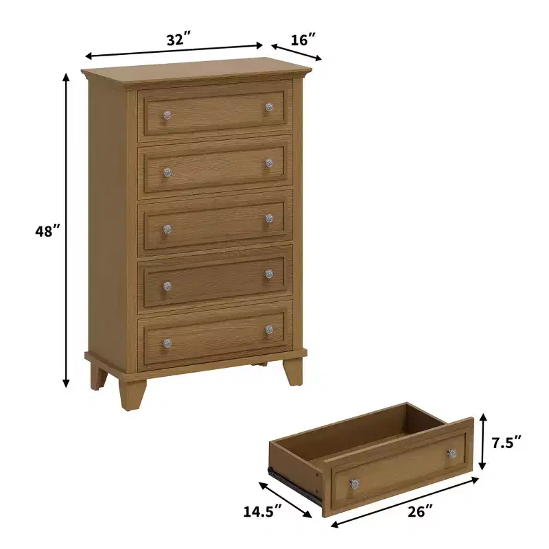 48'' Tall 5 Drawer Dresser, Brown Wood Dresser with Deep Drawers & Metal Handles for Bedroom Living Room
