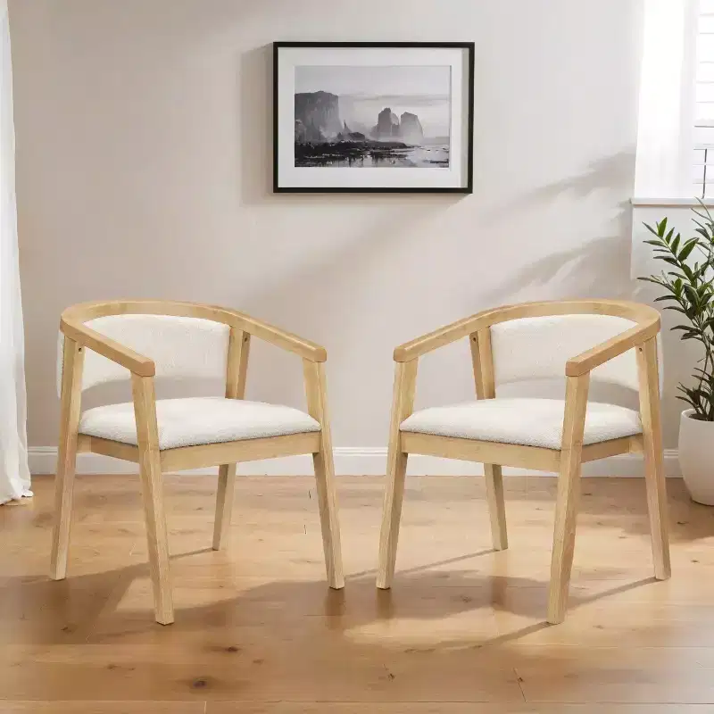 Mid Century Modern Boucle Upholstered Dining Chairs with U-Shaped Armrests