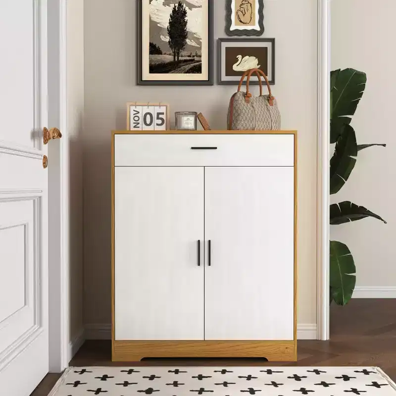 MAYEERTY Shoe Cabinet, 4-Tier Rack with 1 Drawer, Freestanding Wooden Storage with 2 White Doors & Adjustable Shelves for Entryway/Hallway