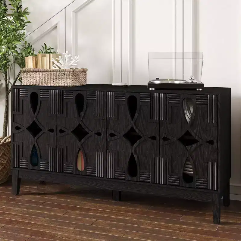 Storage Buffet Cabinet, Mid Century Modern Sideboard, Accent Storage Cabinet Serving Sideboard with 4 Hollow Out Doors and Adjustable Shelves