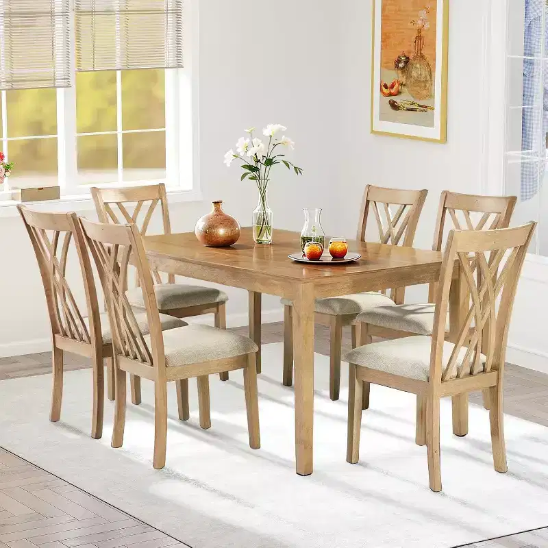 Zevemomo7-Piece Solid Wood Dining Table Set with 6 Upholstered Chairs,Space Saving Dinner Table&Chairs Set,for Dining Room, Kitchen,Natural Wood Color