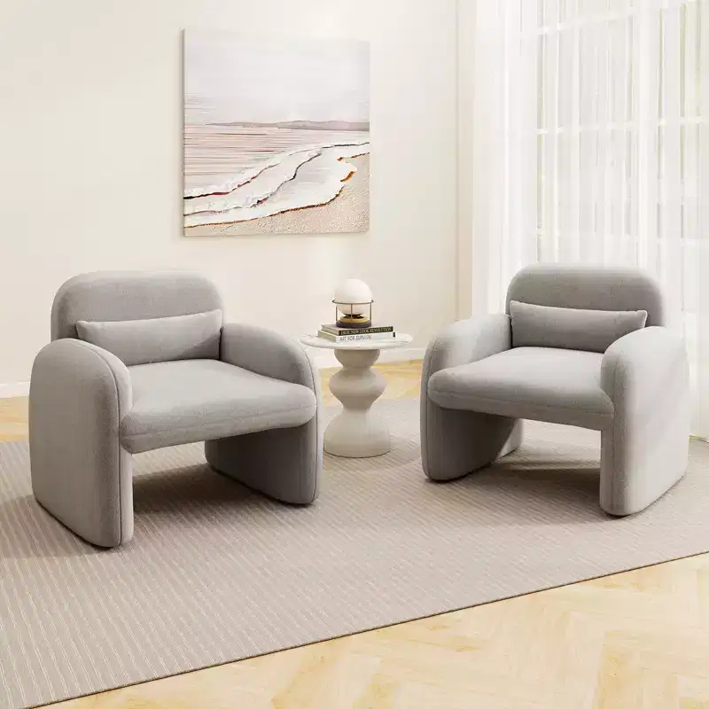 Costway 2PCS Modern Accent Chair Faux Shearling Fabric Upholstered Armchair w/ Waist Pillow