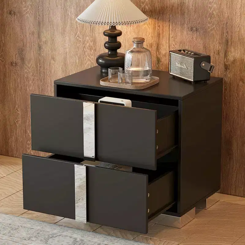 Elegant Sleek Modern 2 Drawer with Mirrored Accent Nightstand for Bedroom Living Room