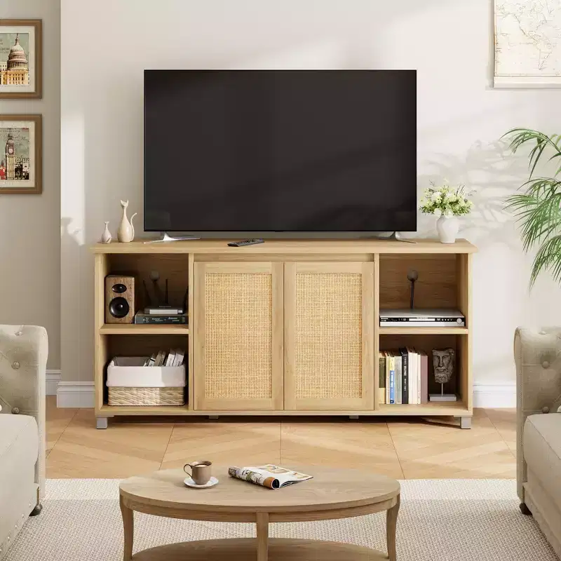 70 Mid-Century Modern TV Stand with Rattan Doors - Entertainment Center for 70 Inch TV, 2 Storage Cabinets & 3 Open Shelves