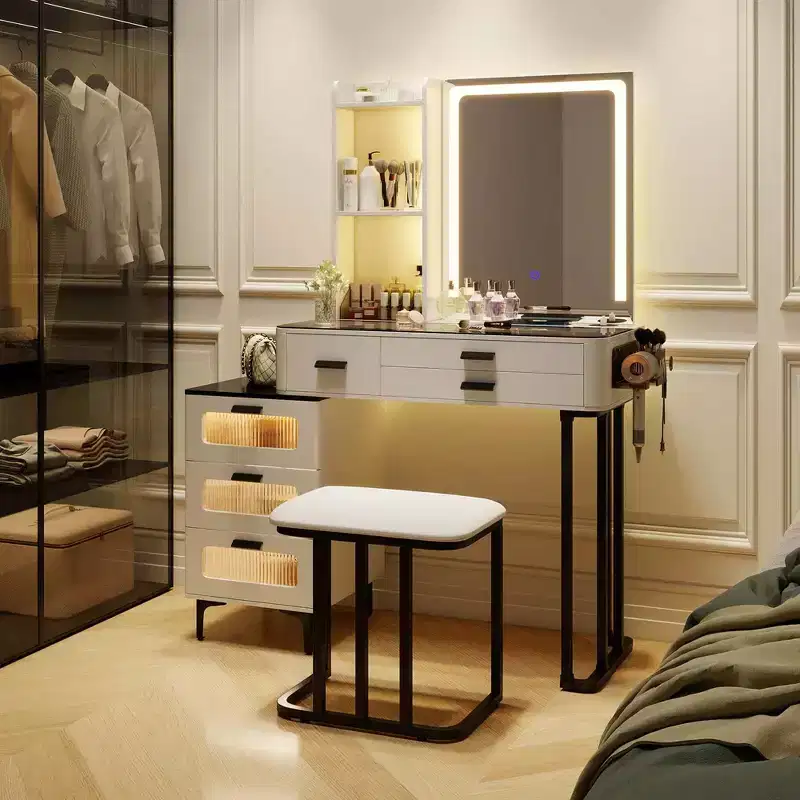 Costway Modern Vanity Desk with Mirror & Lights 3-Color LED Lights & Charging Station
