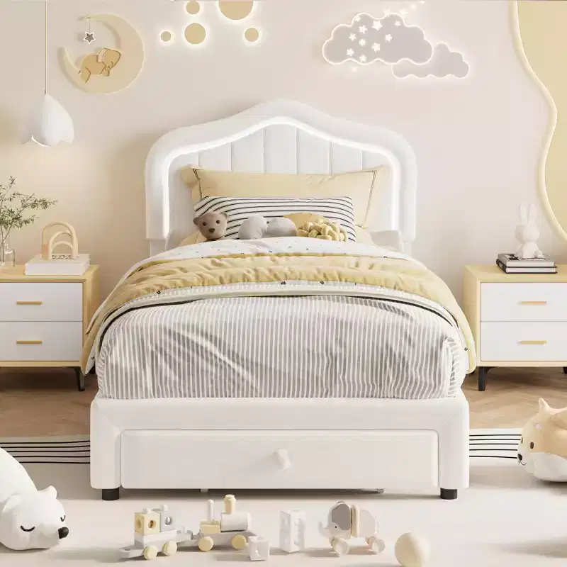Twin Platform Bed with LED Headboard & Storage Drawer – Kids, No Box Spring