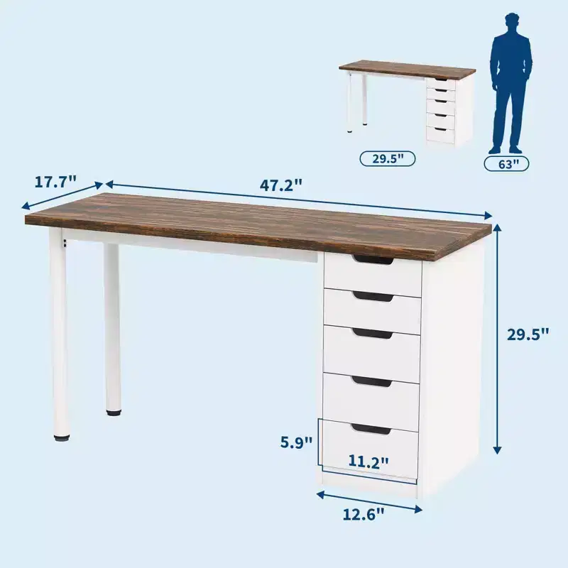 47 Computer Desk with 5 Drawers, Wooden Home Office Desk with Storage, Modern Laptop Desk Writing Table for Small Spaces, Home Office, Bedroom