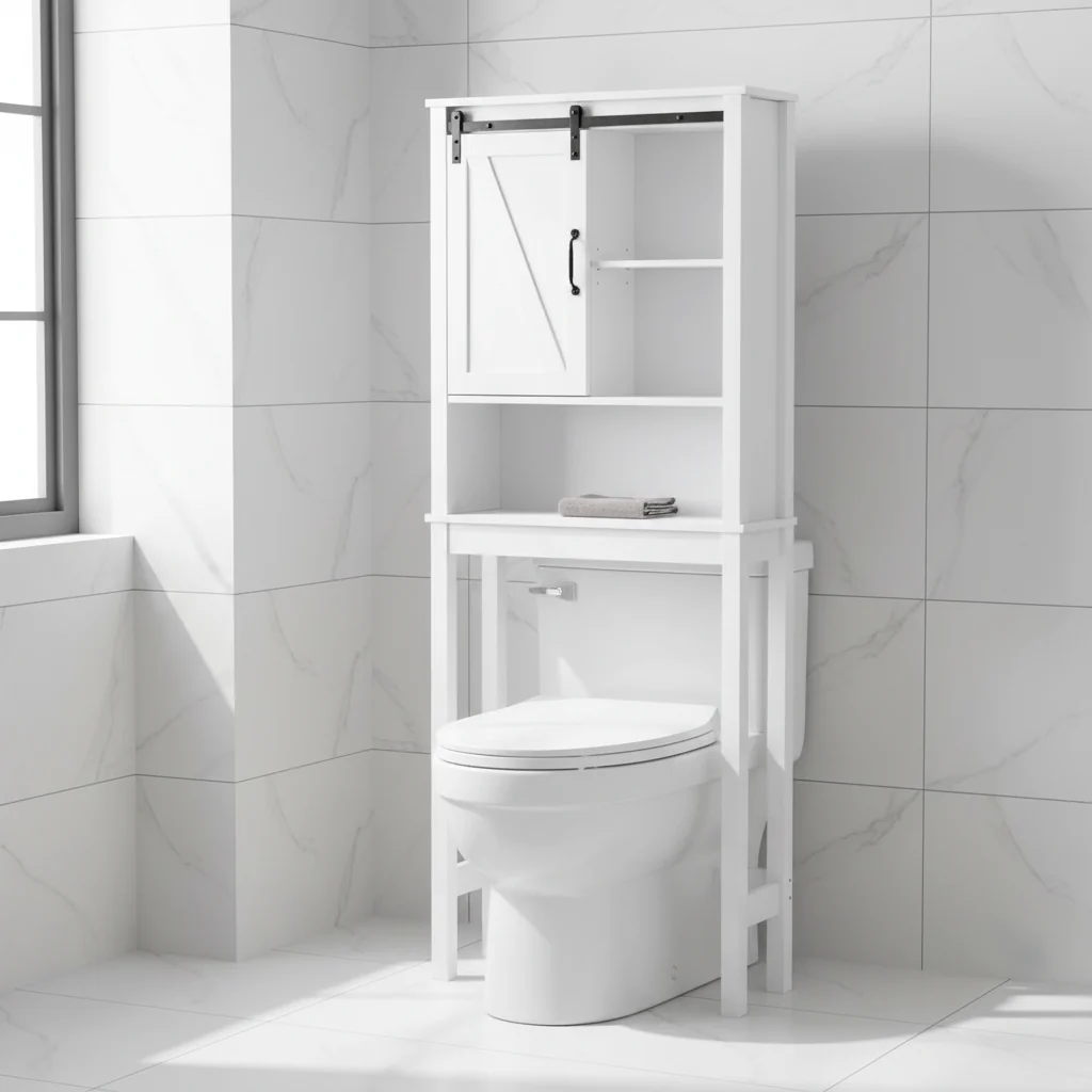 Over-the-Toilet Storage Cabinet With Adjustable Shelves and Barn Door