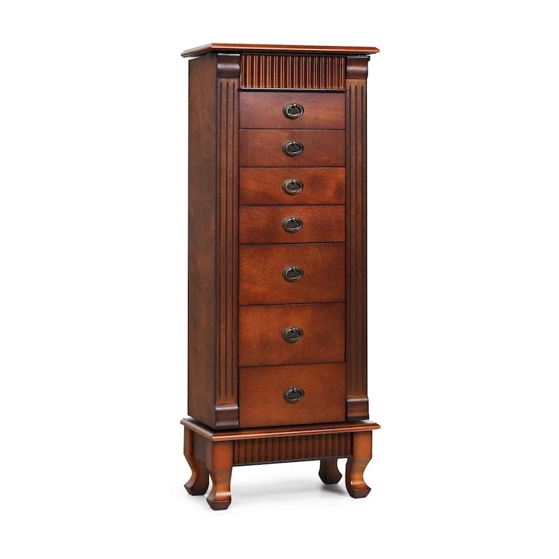 Brown 7 Drawers Wooden Jewelry Storage Cabinet with 1 Top Flip Mirror and 4 Compartments - 15(L) x 9(W) x 38.5(H)